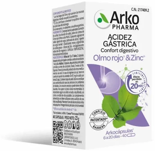Arkopharma Gastric Acidity Digestive Comfort Slippery Elm - Zinc 40 Capsules