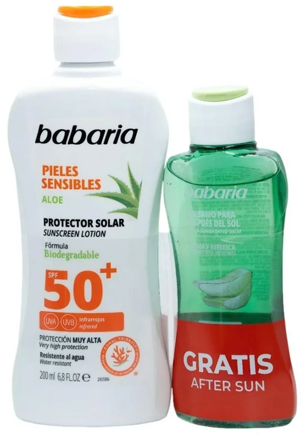 Babaria Aloe Protector Solar Spf50 Piel Sensible Resistente Al Agua, 200 ml Balsamo After Sun 1u