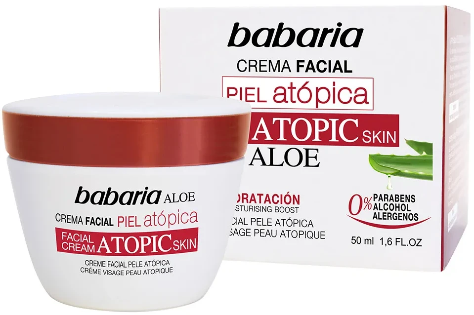 Babaria Aloe Vera Facial Kreminis Atopic Skin 0% veido kremas atopinei odai, 50 ml