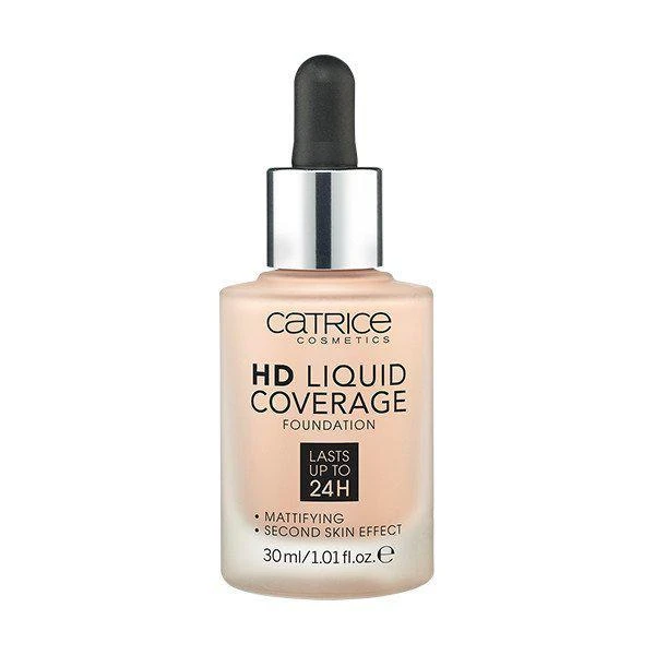 "Catrice Hd Liquid Coverage Foundation" dengiamasis makiažo pagrindas, išliekantis iki 24 val. 020-Rose rusvai gelsvas 30ml