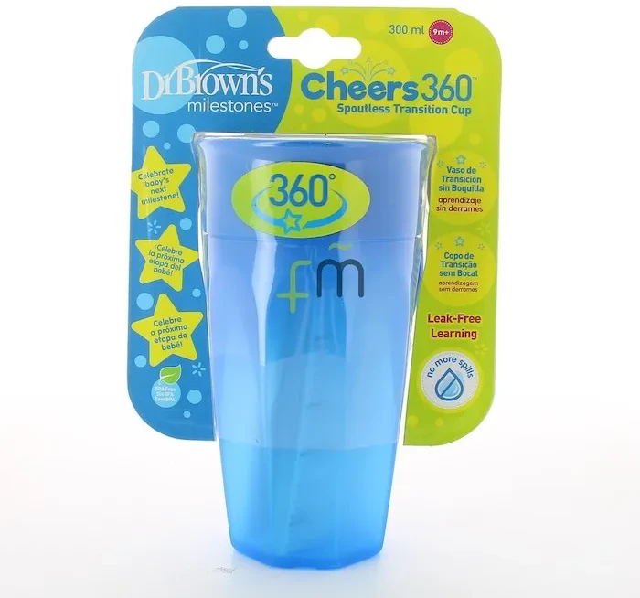 DR. BROWN'S 360 Tumbleris puodelis be snapelio, mėlynas, be rankenos, 300 ml