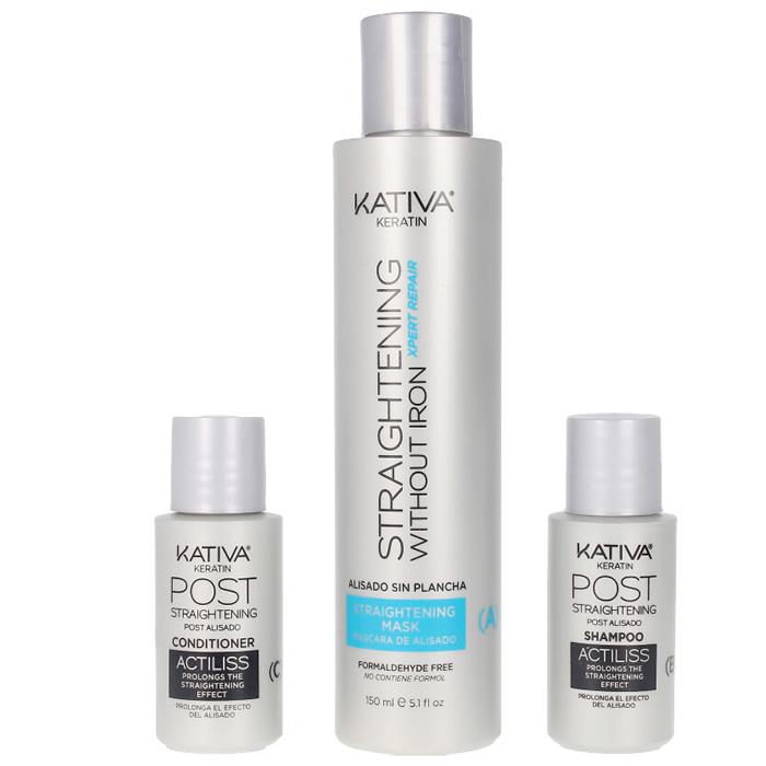 Kativa "Keratin Minkštinantis ir glotninantis" išlyginamasis be lygintuvo taisymo patarimų rinkinys 3 vnt