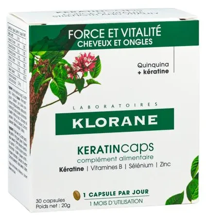 Klorane Keratincaps stiprybės ir gyvybingumo kapsulės, 30 vnt.