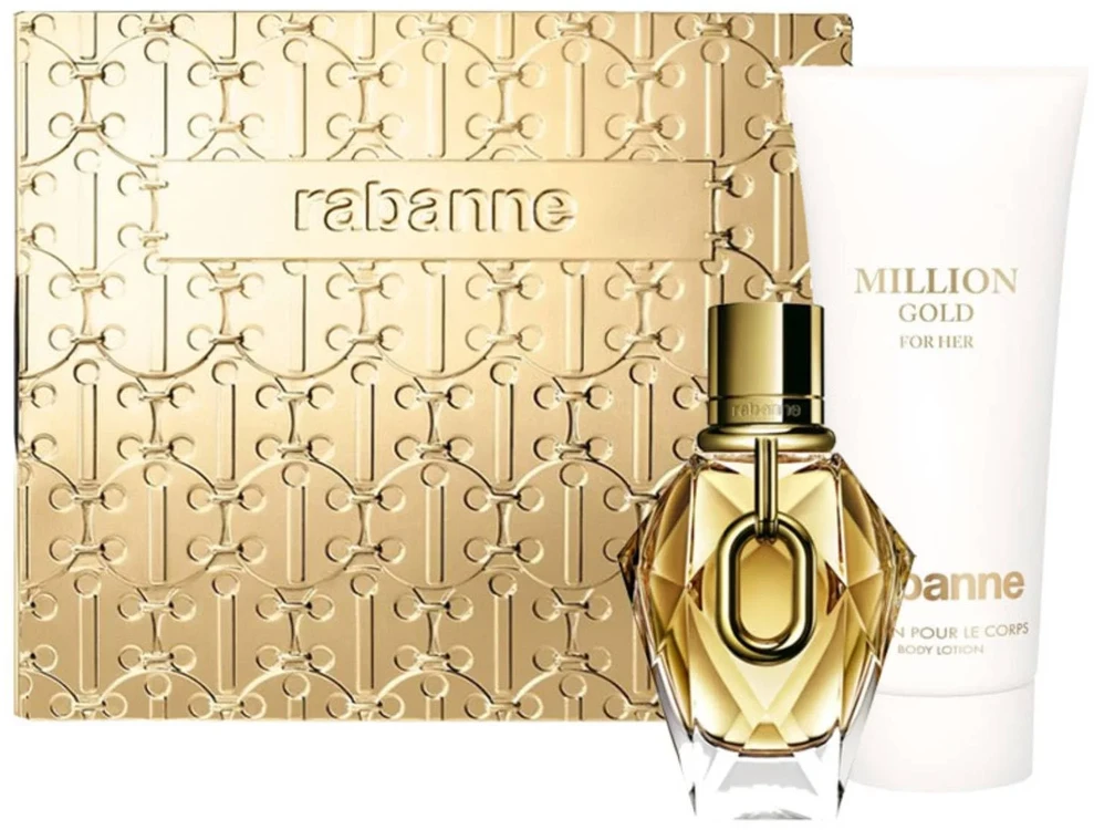 Set Paco Rabanne: Million Gold drėkinamasis kūno losjonas, 100 ml + Million Gold Eau De Parfum moterims papildomas, 50 ml