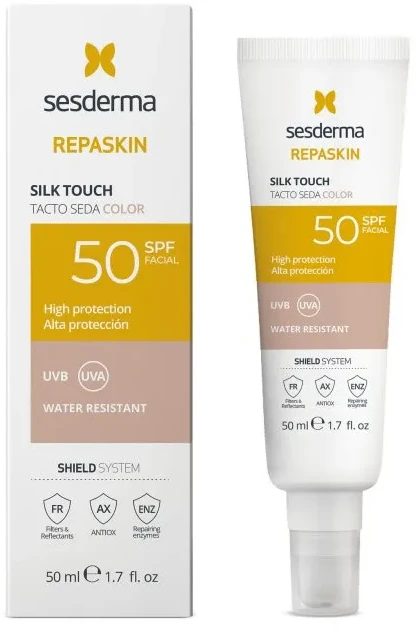 Sesderma Repaskin Silk Touch Color Facial SPF50 Atspalvį veidui suteikianti apsauginė priemonė nuo saulės, 50 ml