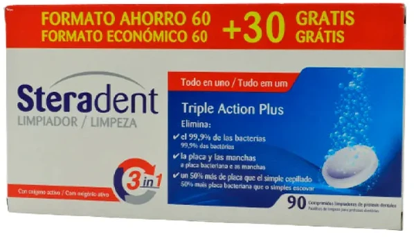 Steradent Triple-Acting Plus 60comp 30comp skirta dantų protezų valymui
