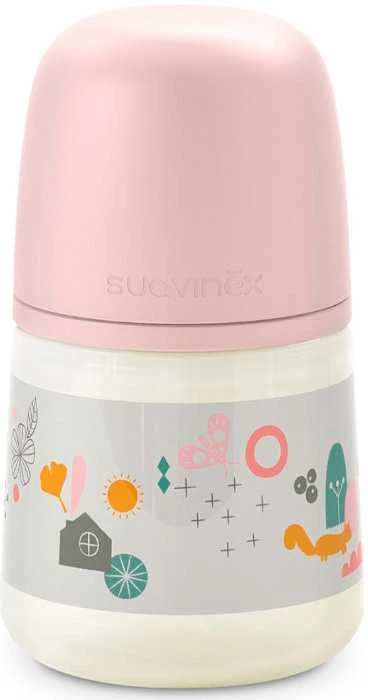 Suavinex kūdikių buteliukas su rožiniu dangteliu ir piešiniais
