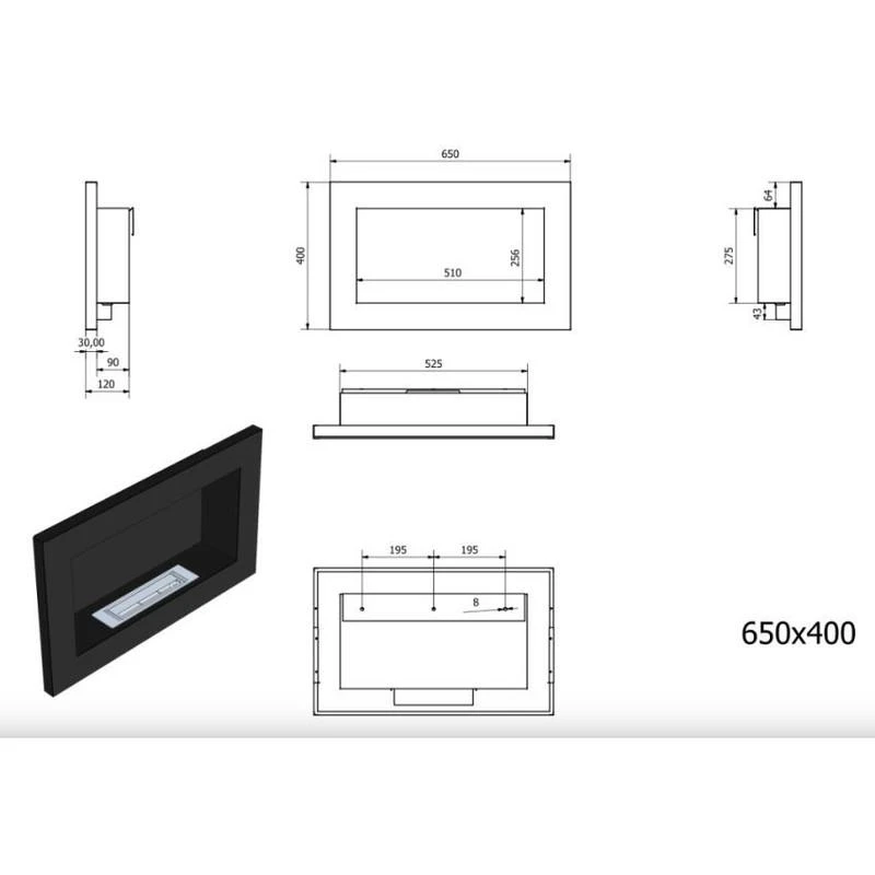 BIOHEAT 65x40 TUV Baltas LESS GLASS biožidinys įmontuojamas - pakabinamas su stiklu baltas blizgus