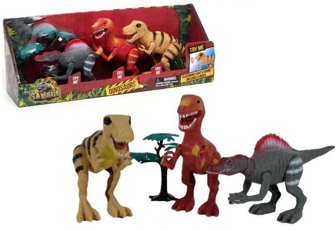 Norimpex Dinozaurų interaktyvios figūrėlės Rinkinys Judantis garsas Šviesa Riaumojimas 22 cm Spinosaurus Tyrannosaurus Velociraptor 3 vnt.
