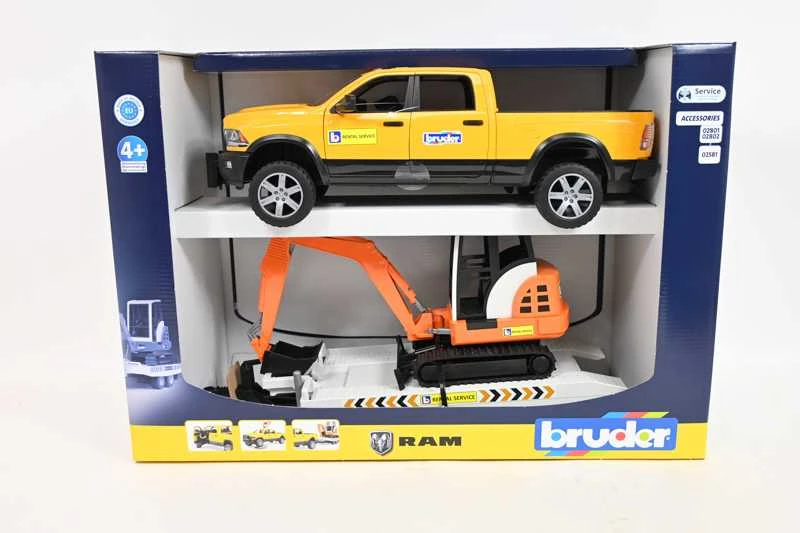 Bruder „Dodge Ram 2500“ servisas su priekaba ir mini ekskavatoriumi