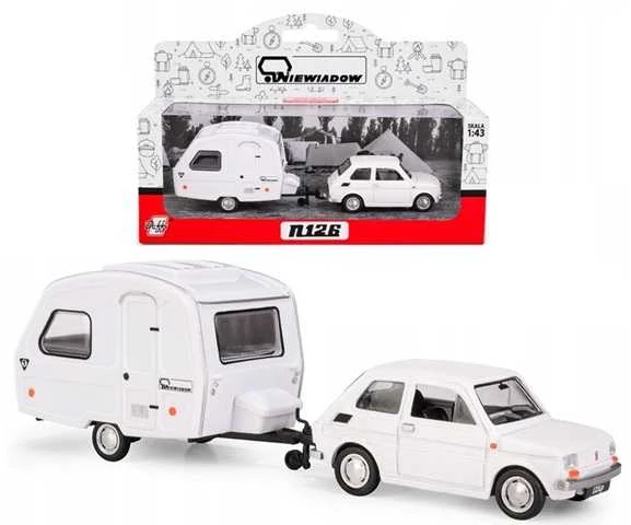 Daffi Carm Modeliukas 1:43 Fiat 126p + Niewiadów caravan, baltos spalvos