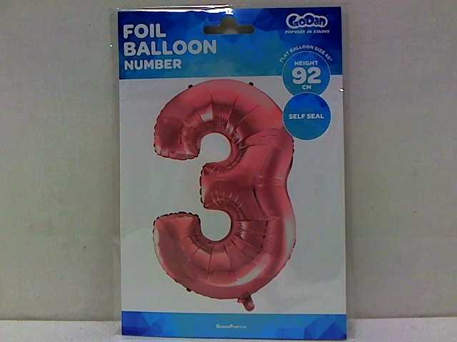 GoDan 3 numerio folijos balionas, šviesiai rožinis, 92 cm