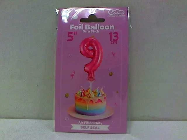 GoDan Balon 13cm foliowy na patyku "9" rožinė