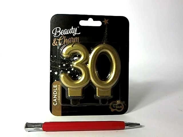 GoDan žvakė numeris 30 GIMTADIENIS, auksinė, metalinė, B&C, 8 cm