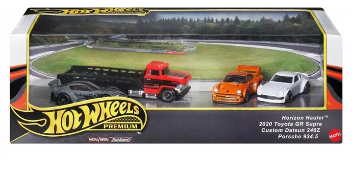 Žaislai, žaidimai ir kolekcionavimas - Hot Wheels Premium Horizon Hauler (Mattel, Toyota GR Supra, Datsun, Porsche)