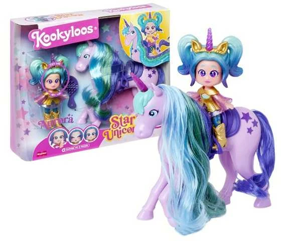 Magic Box KookyLoos Star Aurora lėlė + vienaragis su plaukais + priedai