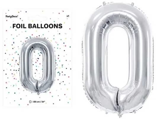 PartyDeco Balionas folinis skaičius 0 sidabrinis 86cm