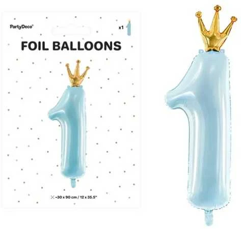 PartyDeco Folinis balionas "1 su karūna" melsvas, 90cm