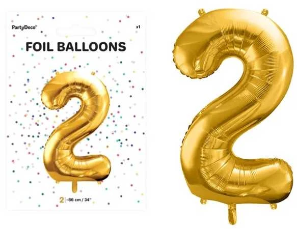 PartyDeco Folinis balionas "2" auksinis, 86 cm