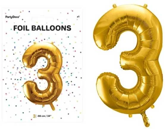 PartyDeco Folinis balionas "3" auksinis, 86 cm