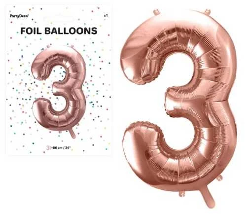 Party Deco PartyDeco Folinis balionas "3" rožinio aukso, 86 cm