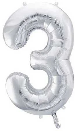 PartyDeco Balionas folinis skaičius 3 sidabrinis 86cm