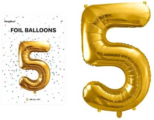 PartyDeco Folinis balionas "5" auksinis, 86 cm