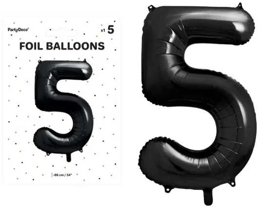 PartyDeco Folinis balionas "5" juodas, 86 cm