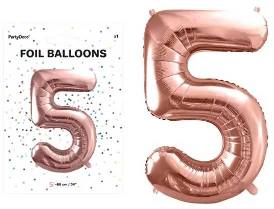 PartyDeco Folinis balionas "5" rožinio aukso, 86 cm