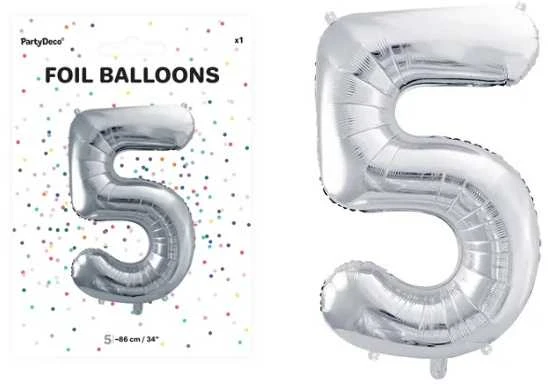 PartyDeco Balionas folinis skaičius 5 sidabrinis 86cm