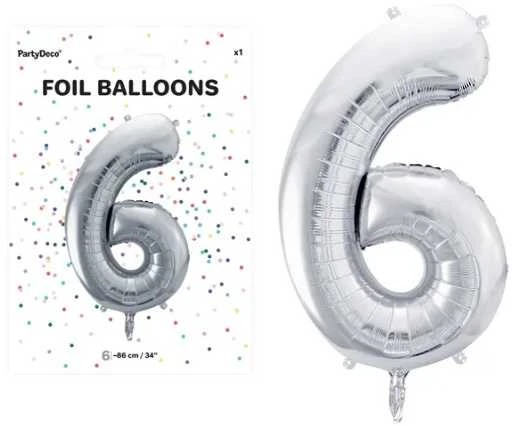PartyDeco Balionas folinis skaičius 6 sidabrinis 86cm