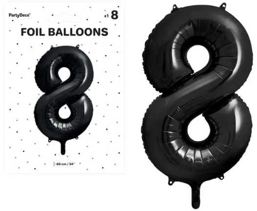 PartyDeco Folinis balionas "8" juodas, 86 cm