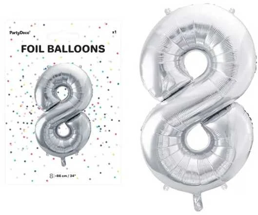 PartyDeco Balionas folinis skaičius 8 sidabrinis 86cm
