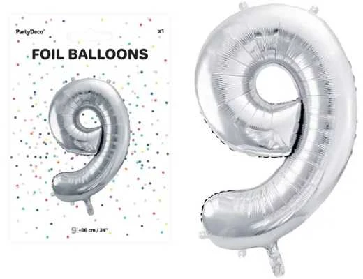 PartyDeco Balionas folinis skaičius 9 sidabrinis 86cm