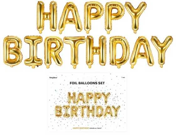 Auksiniai Happy Birthday balionai su pakuote