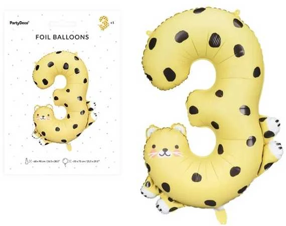 PartyDeco Folinis balionas "3" Gepardas, 68x98 cm