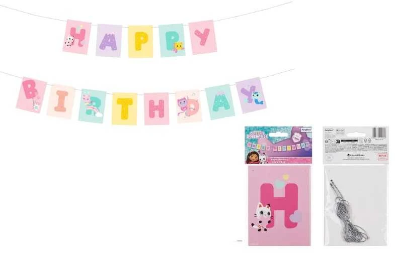 PartyDeco Party Deco Baner Su gimtadieniu Koci Domek Gabi 180x15cm