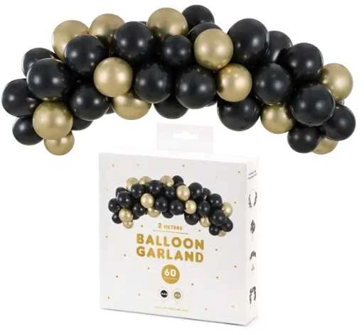 PartyDeco Balionų girlianda "Juodas and Gold" (60vnt, 200cm)