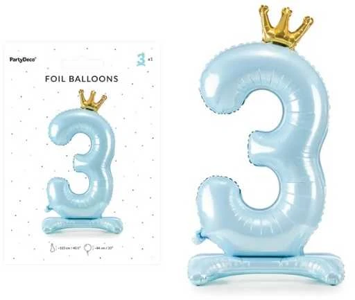 PartyDeco Folinis pastatomas balionas skaičius "3" melsvas 84cm