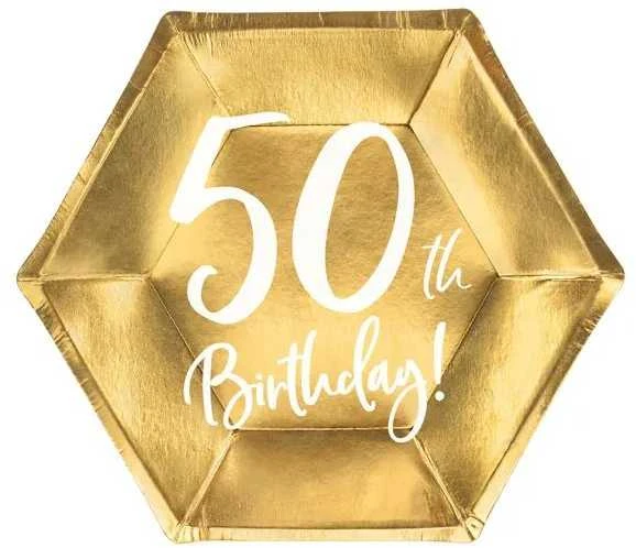 Party Deco Popierinės lėkštutės auksinės "50 gimtadienis" 6vnt