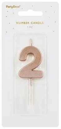 PartyDeco Gimtadienio žvakutė su smeigtuku nr 2 rausvai auksinė 4,5cm