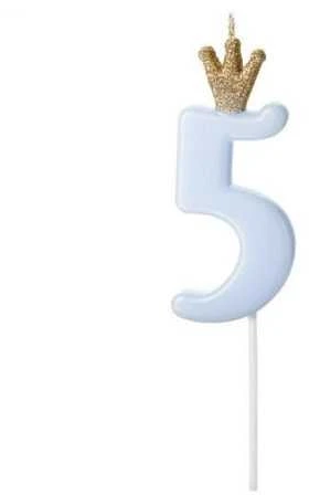PartyDeco Žvakutė Skaičius su karūna, žydra 9,5cm, Skaičius: 5