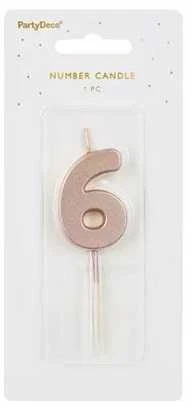 PartyDeco Gimtadienio žvakutė su smeigtuku nr 6 rausvai auksinė 4,5cm