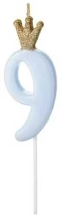 PartyDeco Žvakutė Skaičius su karūna, žydra 9,5cm, Skaičius: 9