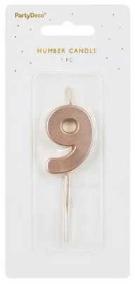 PartyDeco Gimtadienio žvakutė su smeigtuku nr 9 rausvai auksinė 4,5cm