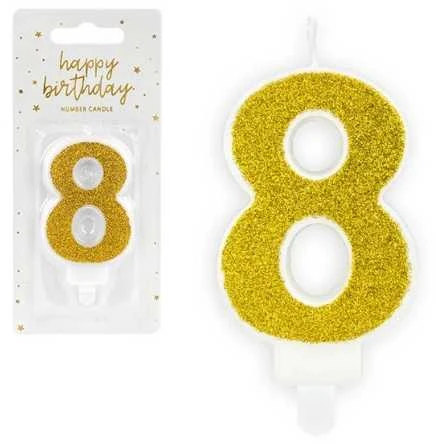 PartyDeco Gimtadienio žvakutė nr 8 auksinė blizganti 7cm