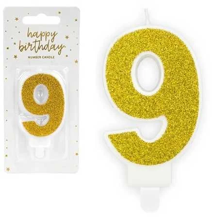 PartyDeco Gimtadienio žvakutė nr 9 auksinė blizganti 7cm