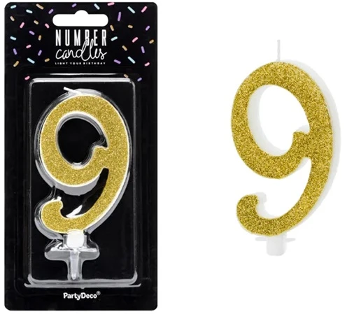 PartyDeco Gimtadienio žvakė Numeris 9 auksinė 10cm 19185