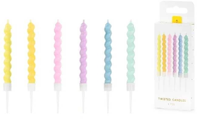 PartyDeco Žvakutės gimtadienio 6 vnt 8,5cm spiralinės spalvotos
