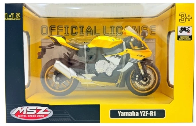 Pulio MSZ Motorcycle Yamaha 1:12 YZF-R1 Šis modelis – 1:12 mastelio motociklas; Aukštis 10 cm, plotis 6,3 cm, gylis 17,3 cm.